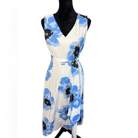 Anne Klein Blue White Floral Sleeveless Midi Dress Women’s Small Textured Print - Picture 2 of 9